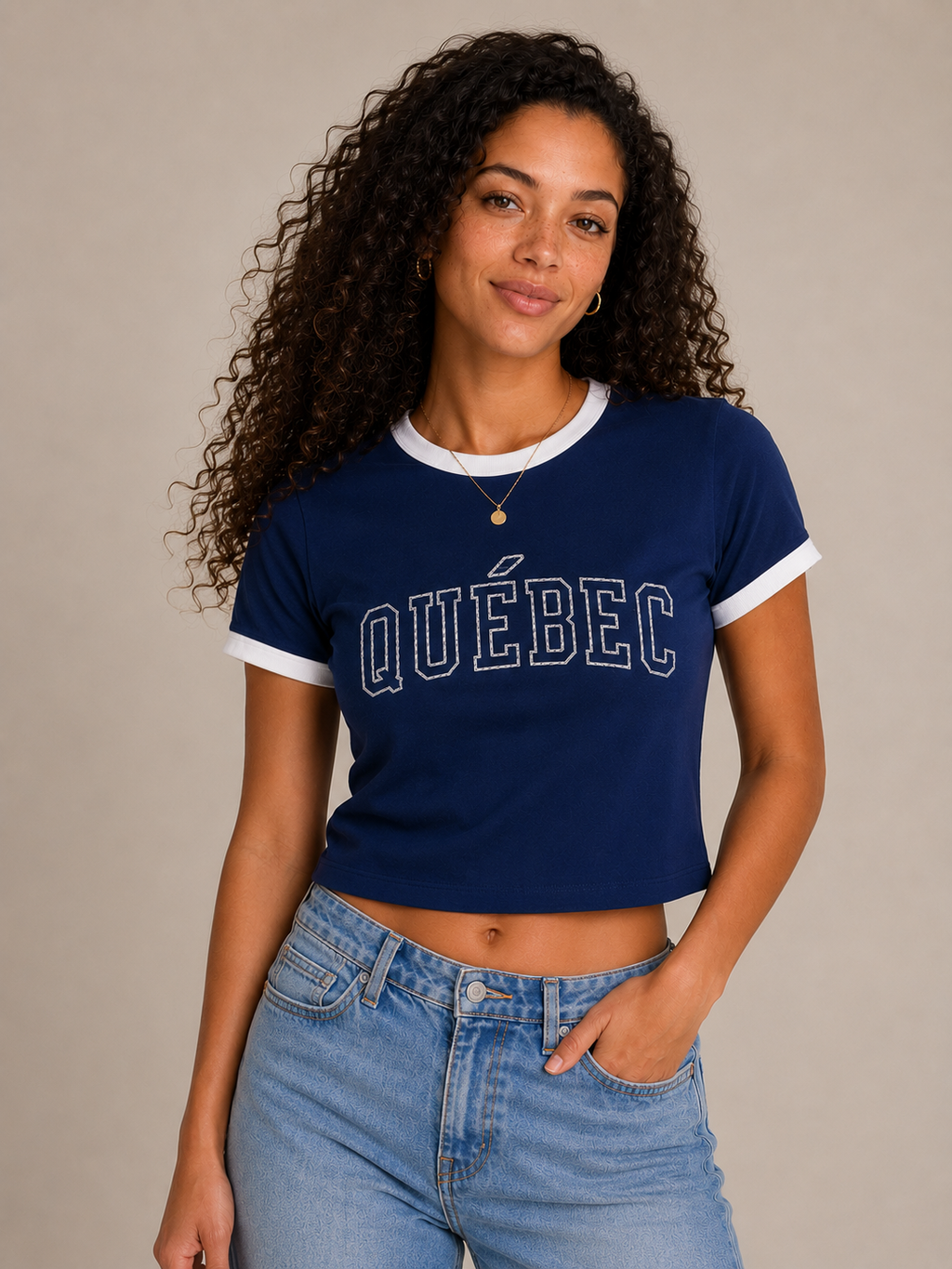Quebec Embroidered Baby Tee - Deep Navy